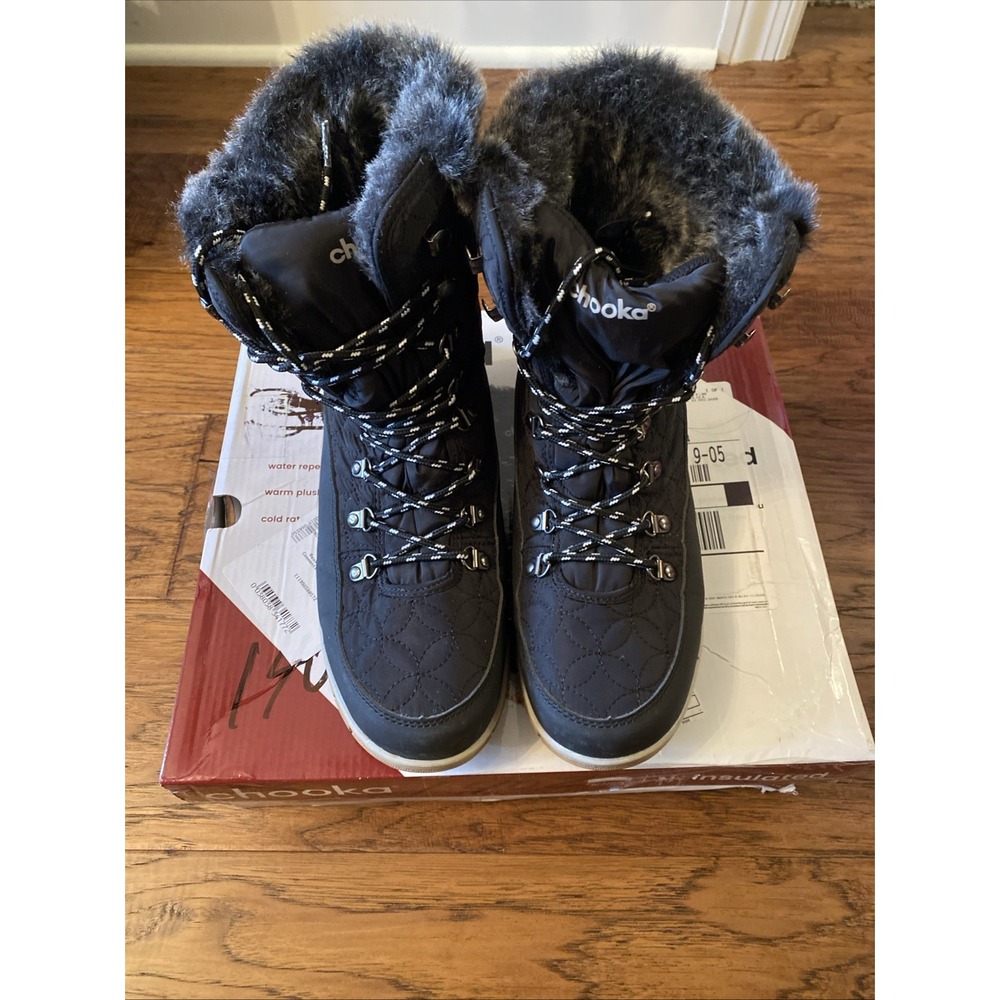 Chooka Belltown Mid Faux Fur Winter Boots Women's‎ Black Round Toe Comfort - 9